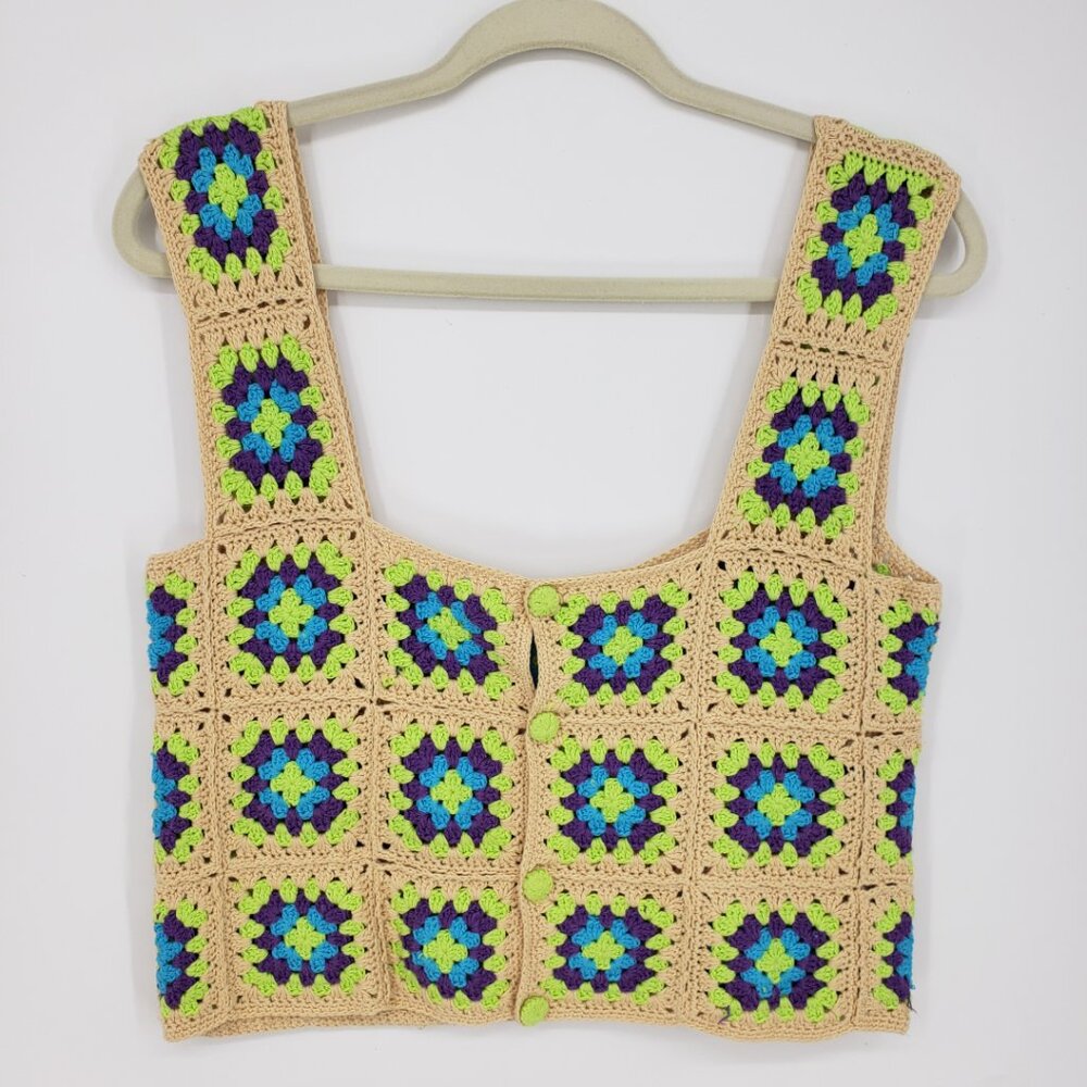 Zara Beige Crochet Crop Top with Blue, Green & Purple Accents